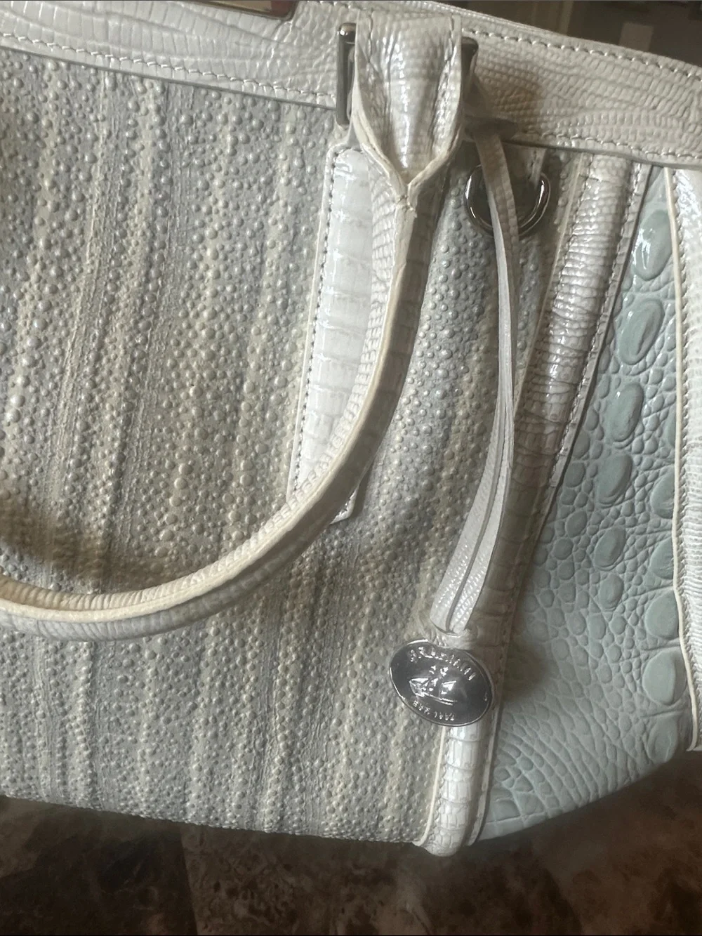 Brahmin Ivory Textured Tote with Embossed Trim